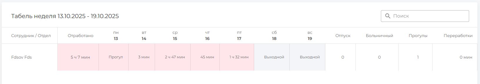 Табель по неделям